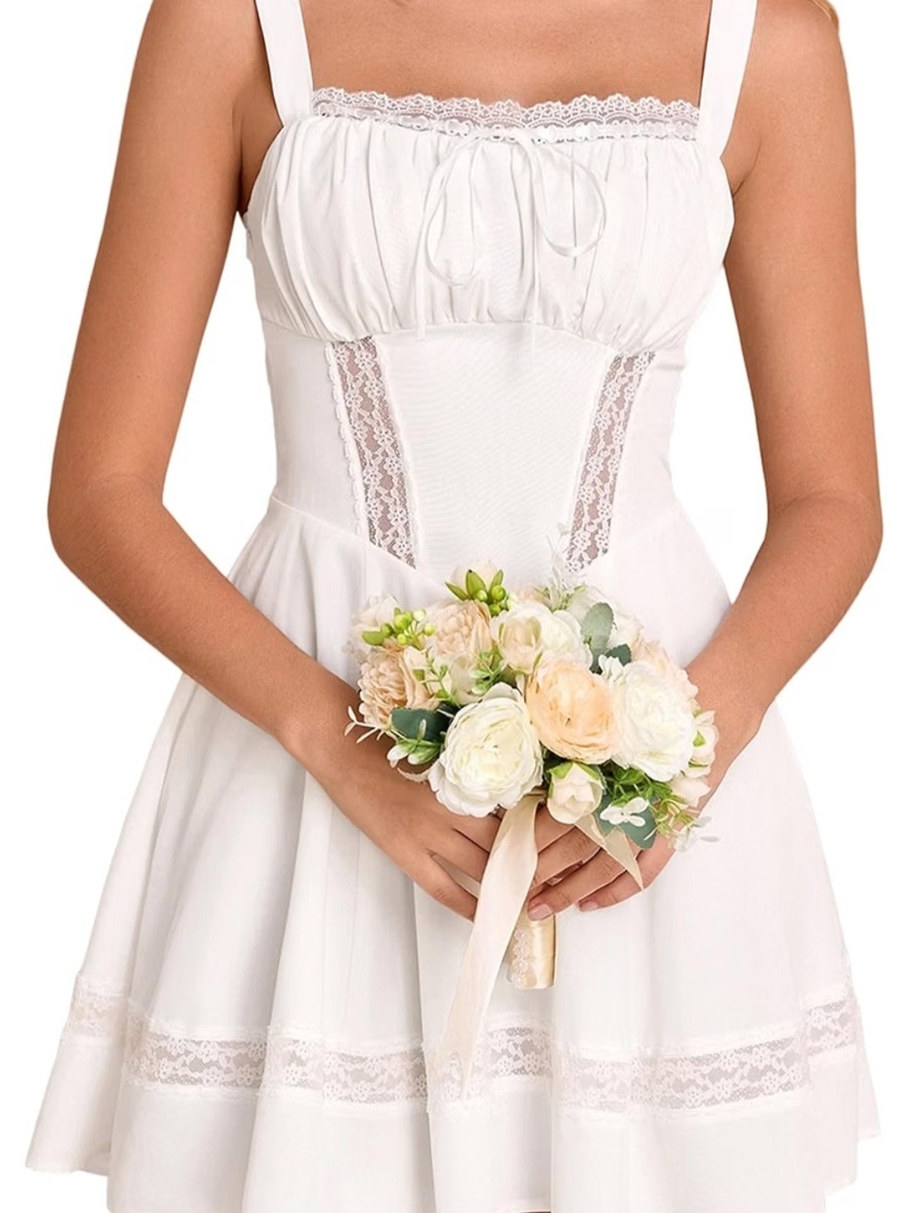 Romantic White Lace-Detail Wedding Dress with Square Straps